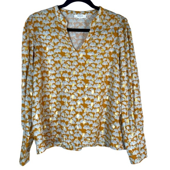 Avara Boutique Boho Tunic Puff Sleeve V Neck Blouse Camel Gold Leaf Boho Sz S - Picture 1 of 13